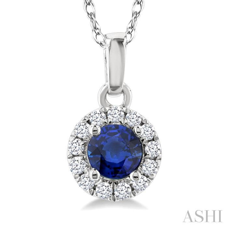 3.25 MM Round Sapphire and 1/20 Ctw Single Cut Diamond Halo Precious Pendant with Chain in 10K White Gold
