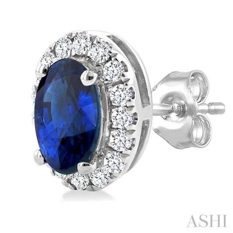 5x3 MM Oval Shape Sapphire and 1/8 Ctw Single Cut Diamond Halo Precious Stud Earrings in 14K White Gold