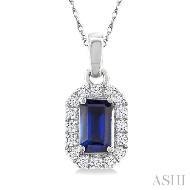 5x3 MM Octagonal Shape Sapphire and 1/20 Ctw Single Cut Diamond Halo Precious Pendant with Chain in 10K White Gold