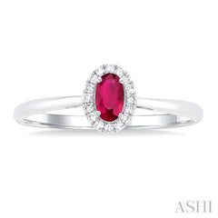 5x3 MM Oval Shape Ruby and 1/20 Ctw Single Cut Diamond Halo Precious Ring in 10K White Gold
