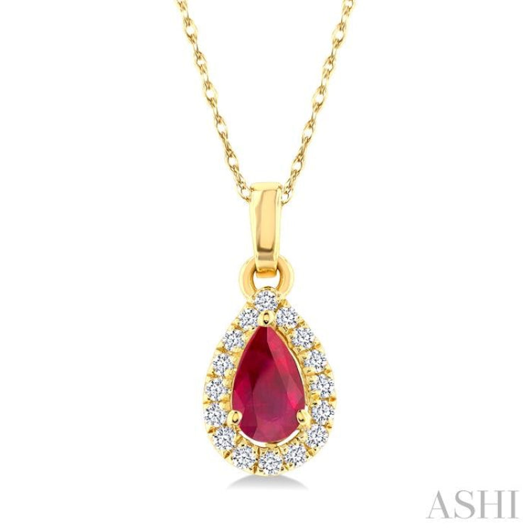 5x3 MM Pear Shape Ruby and 1/20 Ctw Single Cut Diamond Halo Precious Pendant with Chain in 14K Yellow Gold