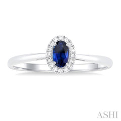 5x3 MM Oval Shape Sapphire and 1/20 Ctw Single Cut Diamond Halo Precious Ring in 14K White Gold