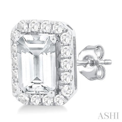 6x4 MM Octagonal Shape White Topaz and 1/4 Ctw Round Cut Diamond Halo Semi-Precious Stud Earrings in 14K White Gold