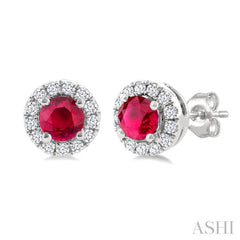3.25 MM Round Ruby and 1/10 Ctw Single Cut Diamond Halo Precious Stud Earrings in 10K White Gold