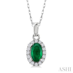 5x3 MM Oval Shape Emerald and 1/20 Ctw Single Cut Diamond Halo Precious Pendant with Chain in 14K White Gold