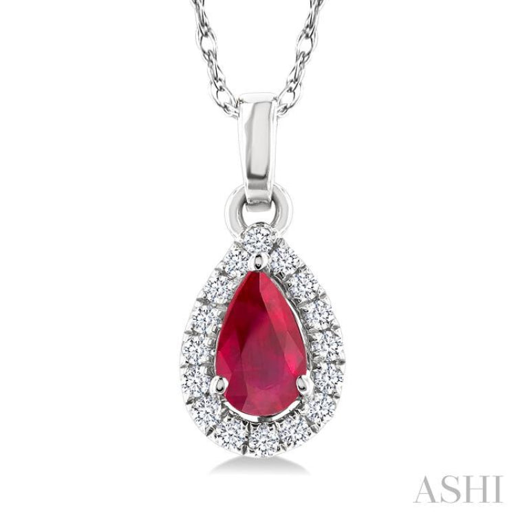 5x3 MM Pear Shape Ruby and 1/20 Ctw Single Cut Diamond Halo Precious Pendant with Chain in 10K White Gold