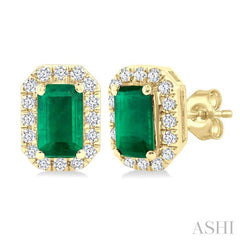 5x3 MM Octagonal Shape Emerald and 1/8 Ctw Single Cut Diamond Halo Precious Stud Earrings in 14K Yellow Gold