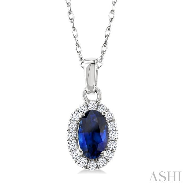 5x3 MM Oval Shape Sapphire and 1/20 Ctw Single Cut Diamond Halo Precious Pendant with Chain in 10K White Gold