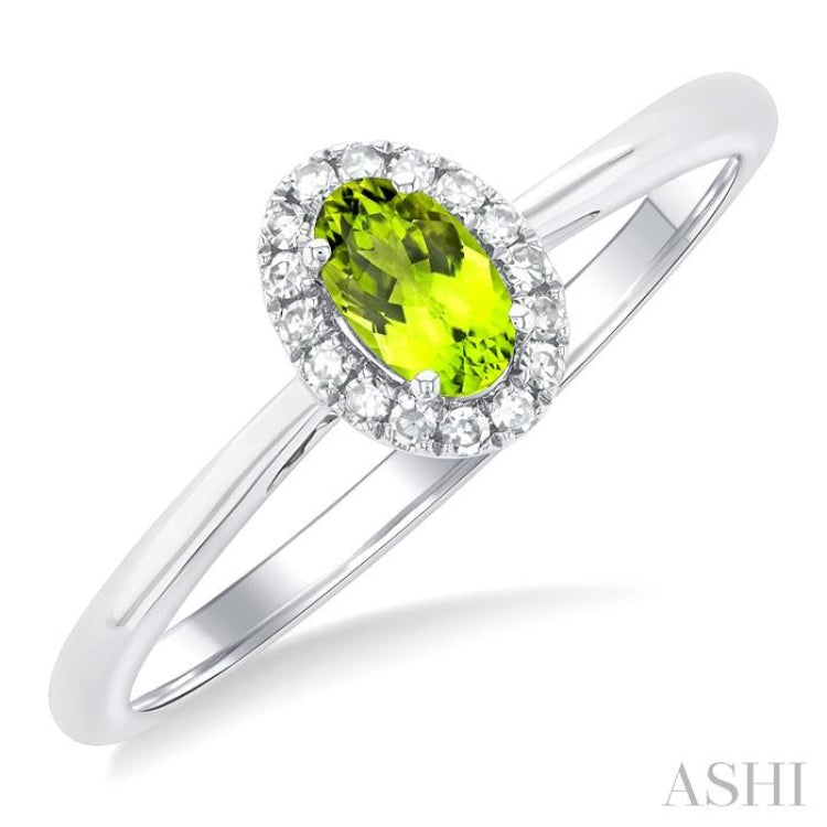5x3 MM Oval Shape Peridot and 1/20 Ctw Single Cut Diamond Halo Semi-Precious Ring in 10K White Gold