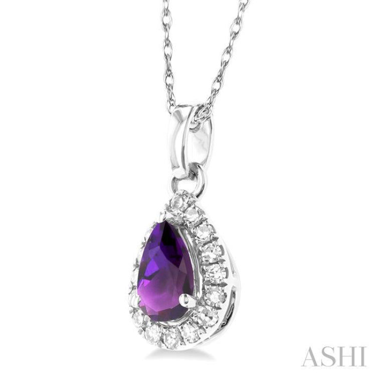 5x3 MM Pear Shape Amethyst and 1/20 Ctw Single Cut Diamond Halo Semi-Precious Pendant with Chain in 10K White Gold