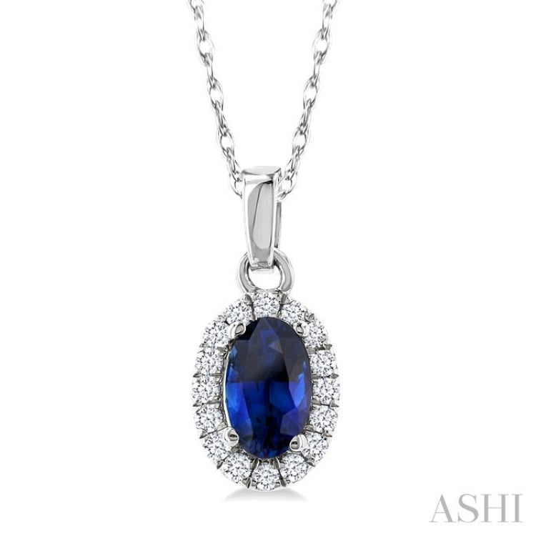 5x3 MM Oval Shape Sapphire and 1/20 Ctw Single Cut Diamond Halo Precious Pendant with Chain in 14K White Gold