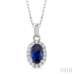 5x3 MM Oval Shape Sapphire and 1/20 Ctw Single Cut Diamond Halo Precious Pendant with Chain in 14K White Gold