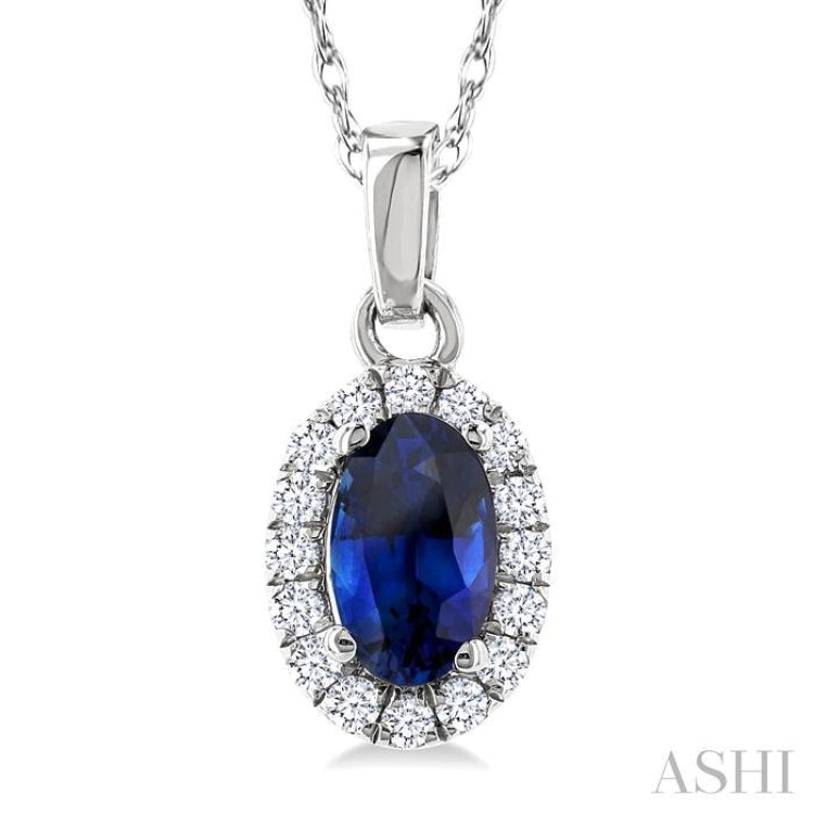 5x3 MM Oval Shape Sapphire and 1/20 Ctw Single Cut Diamond Halo Precious Pendant with Chain in 14K White Gold