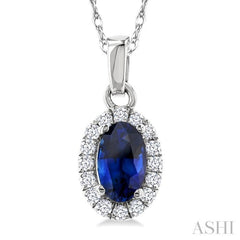 5x3 MM Oval Shape Sapphire and 1/20 Ctw Single Cut Diamond Halo Precious Pendant with Chain in 14K White Gold