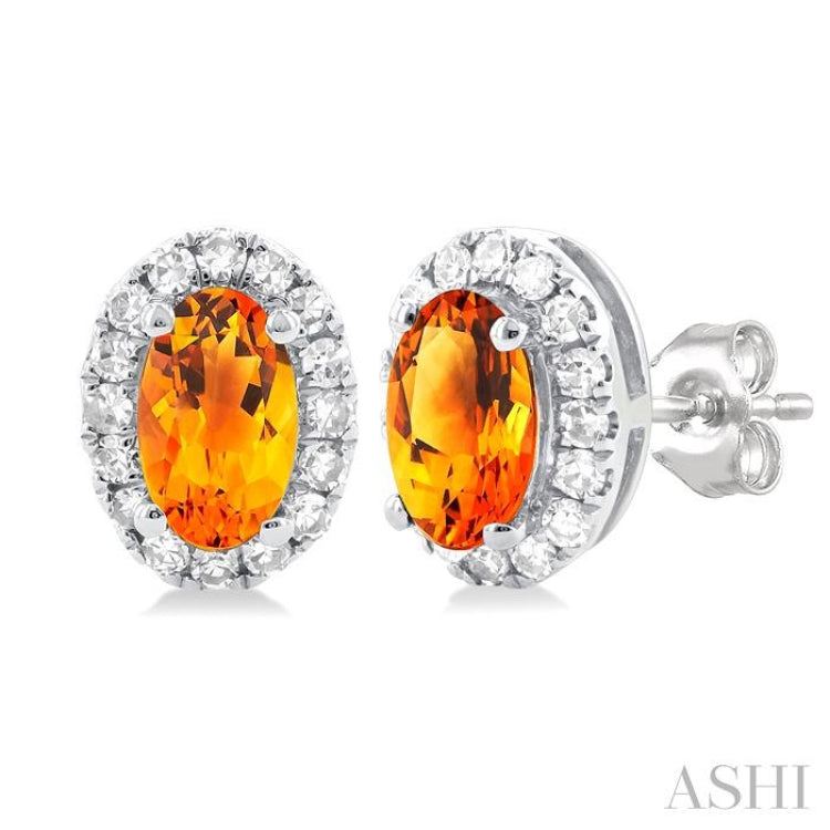 5x3 MM Oval Shape Citrine and 1/8 Ctw Single Cut Diamond Halo Semi-Precious Stud Earrings in 10K White Gold