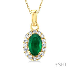 5x3 MM Oval Shape Emerald and 1/20 Ctw Single Cut Diamond Halo Precious Pendant with Chain in 10K Yellow Gold
