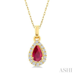 5x3 MM Pear Shape Ruby and 1/20 Ctw Single Cut Diamond Halo Precious Pendant with Chain in 10K Yellow Gold