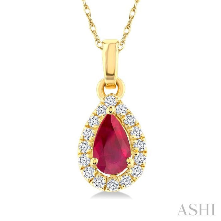5x3 MM Pear Shape Ruby and 1/20 Ctw Single Cut Diamond Halo Precious Pendant with Chain in 10K Yellow Gold