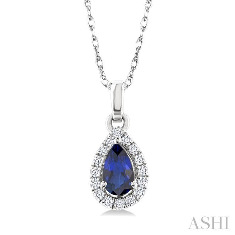 5x3 MM Pear Shape Sapphire and 1/20 Ctw Single Cut Diamond Halo Precious Pendant with Chain in 10K White Gold