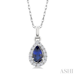 5x3 MM Pear Shape Sapphire and 1/20 Ctw Single Cut Diamond Halo Precious Pendant with Chain in 10K White Gold