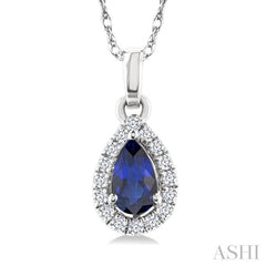 5x3 MM Pear Shape Sapphire and 1/20 Ctw Single Cut Diamond Halo Precious Pendant with Chain in 10K White Gold