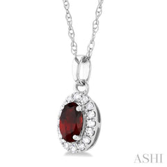 5x3 MM Oval Shape Garnet and 1/20 Ctw Single Cut Diamond Halo Semi-Precious Pendant with Chain in 14K White Gold