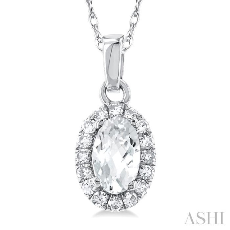 5x3 MM Oval Shape White Topaz and 1/20 Ctw Single Cut Diamond Halo Semi-Precious Pendant with Chain in 14K White Gold