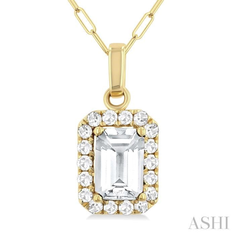 6x4 MM Octagonal Shape White Topaz and 1/6 Ctw Round Cut Diamond Halo Semi-Precious Pendant with Chain in 14K Yellow Gold