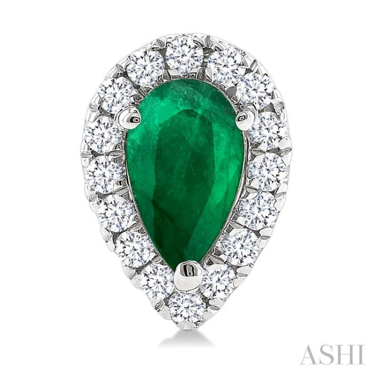 5x3 MM Pear Shape Emerald and 1/8 Ctw Single Cut Diamond Halo Precious Stud Earrings in 10K White Gold