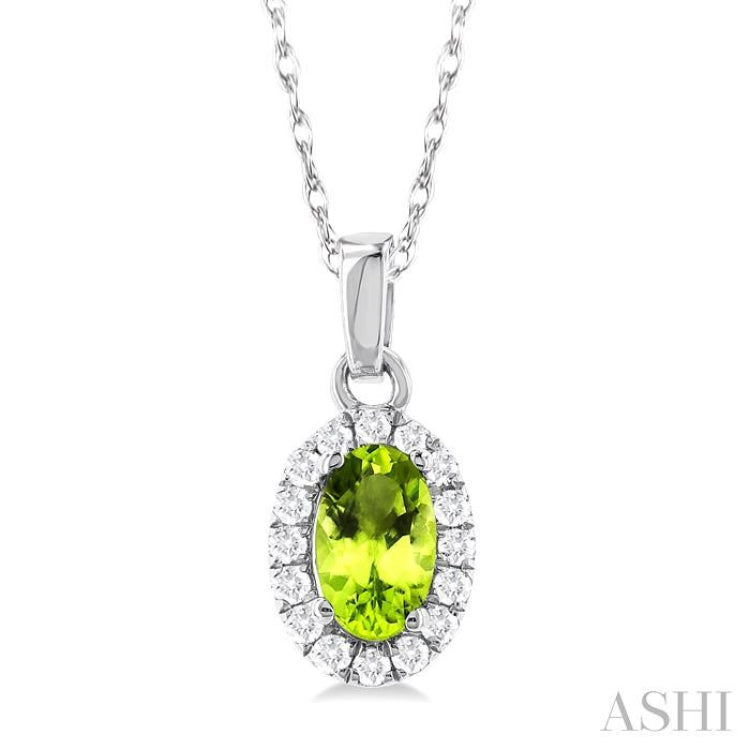5x3 MM Oval Shape Peridot and 1/20 Ctw Single Cut Diamond Halo Semi-Precious Pendant with Chain in 10K White Gold