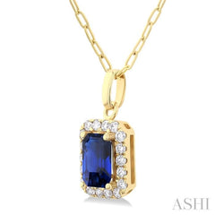 6x4 MM Octagonal Shape Sapphire and 1/6 Ctw Round Cut Diamond Halo Precious Pendant with Chain in 14K Yellow Gold