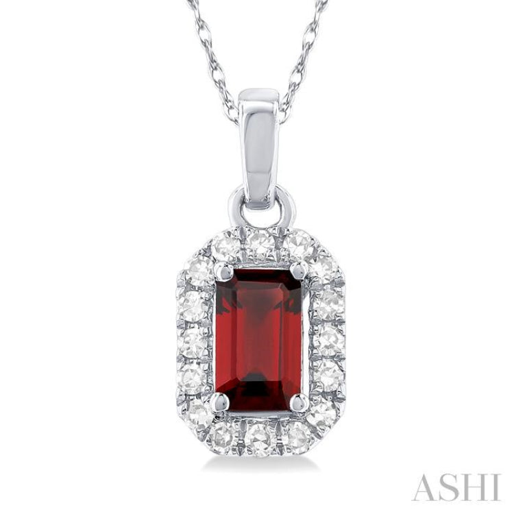5x3 MM Octagonal Shape Garnet and 1/20 Ctw Single Cut Diamond Halo Semi-Precious Pendant with Chain in 10K White Gold