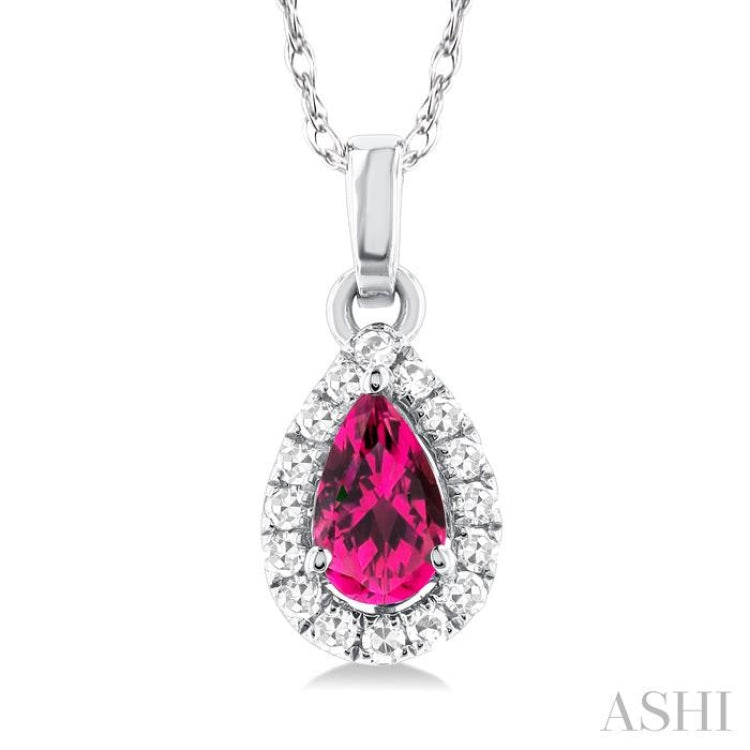 5x3 MM Pear Shape Pink Tourmaline and 1/20 Ctw Single Cut Diamond Halo Semi-Precious Pendant with Chain in 10K White Gold