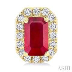5x3 MM Octagonal Shape Ruby and 1/8 Ctw Single Cut Diamond Halo Precious Stud Earrings in 10K Yellow Gold