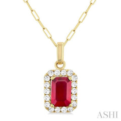 6x4 MM Octagonal Shape Ruby and 1/6 Ctw Round Cut Diamond Halo Precious Pendant with Chain in 10K Yellow Gold