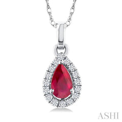 5x3 MM Pear Shape Ruby and 1/20 Ctw Single Cut Diamond Halo Precious Pendant with Chain in 14K White Gold