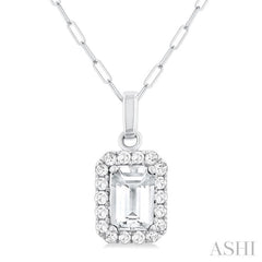 6x4 MM Octagonal Shape White Topaz and 1/6 Ctw Round Cut Diamond Halo Semi-Precious Pendant with Chain in 14K White Gold