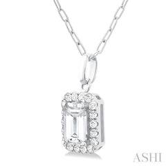 6x4 MM Octagonal Shape White Topaz and 1/6 Ctw Round Cut Diamond Halo Semi-Precious Pendant with Chain in 14K White Gold
