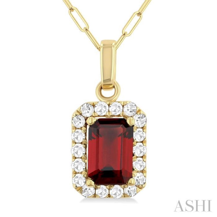 6x4 MM Octagonal Shape Garnet and 1/6 Ctw Round Cut Diamond Halo Semi-Precious Pendant with Chain in 14K Yellow Gold