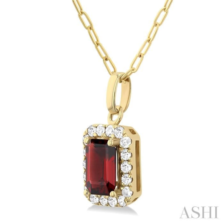 6x4 MM Octagonal Shape Garnet and 1/6 Ctw Round Cut Diamond Halo Semi-Precious Pendant with Chain in 10K Yellow Gold