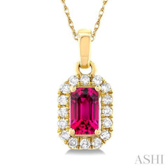 5x3 MM Octagonal Shape Pink Tourmaline and 1/20 Ctw Single Cut Diamond Halo Semi-Precious Pendant with Chain in 14K Yellow Gold