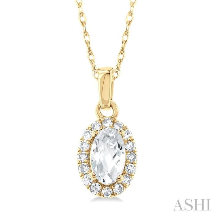 5x3 MM Oval Shape White Topaz and 1/20 Ctw Round Cut Diamond Halo Semi-Precious Pendant with Chain in 10K Yellow Gold