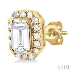 5x3 MM Octagonal Shape White Topaz and 1/8 Ctw Single Cut Diamond Halo Semi-Precious Stud Earrings in 14K Yellow Gold