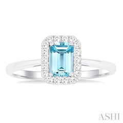 6x4 MM Octagonal Shape Aquamarine and 1/6 Ctw Round Cut Diamond Halo Semi-Precious Ring in 14K White Gold