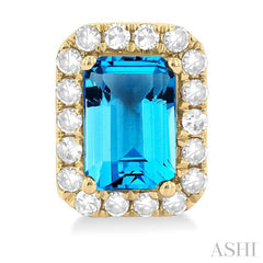 6x4 MM Octagonal Shape Blue Topaz and 1/4 Ctw Round Cut Diamond Halo Semi-Precious Stud Earrings in 14K Yellow Gold