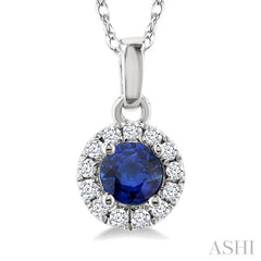 3.25 MM Round Sapphire and 1/20 Ctw Single Cut Diamond Halo Precious Pendant with Chain in 14K White Gold
