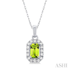 5x3 MM Octagonal Shape Peridot and 1/20 Ctw Single Cut Diamond Halo Semi-Precious Pendant with Chain in 14K White Gold