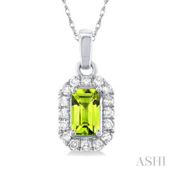 5x3 MM Octagonal Shape Peridot and 1/20 Ctw Single Cut Diamond Halo Semi-Precious Pendant with Chain in 14K White Gold
