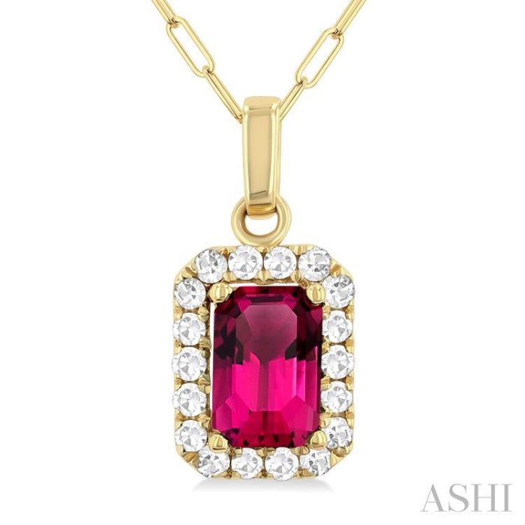 6x4 MM Octagonal Shape Pink Tourmaline and 1/6 Ctw Round Cut Diamond Halo Semi-Precious Pendant with Chain in 10K Yellow Gold
