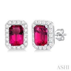 6x4 MM Octagonal Shape Pink Tourmaline and 1/4 Ctw Round Cut Diamond Halo Semi-Precious Stud Earrings in 10K White Gold